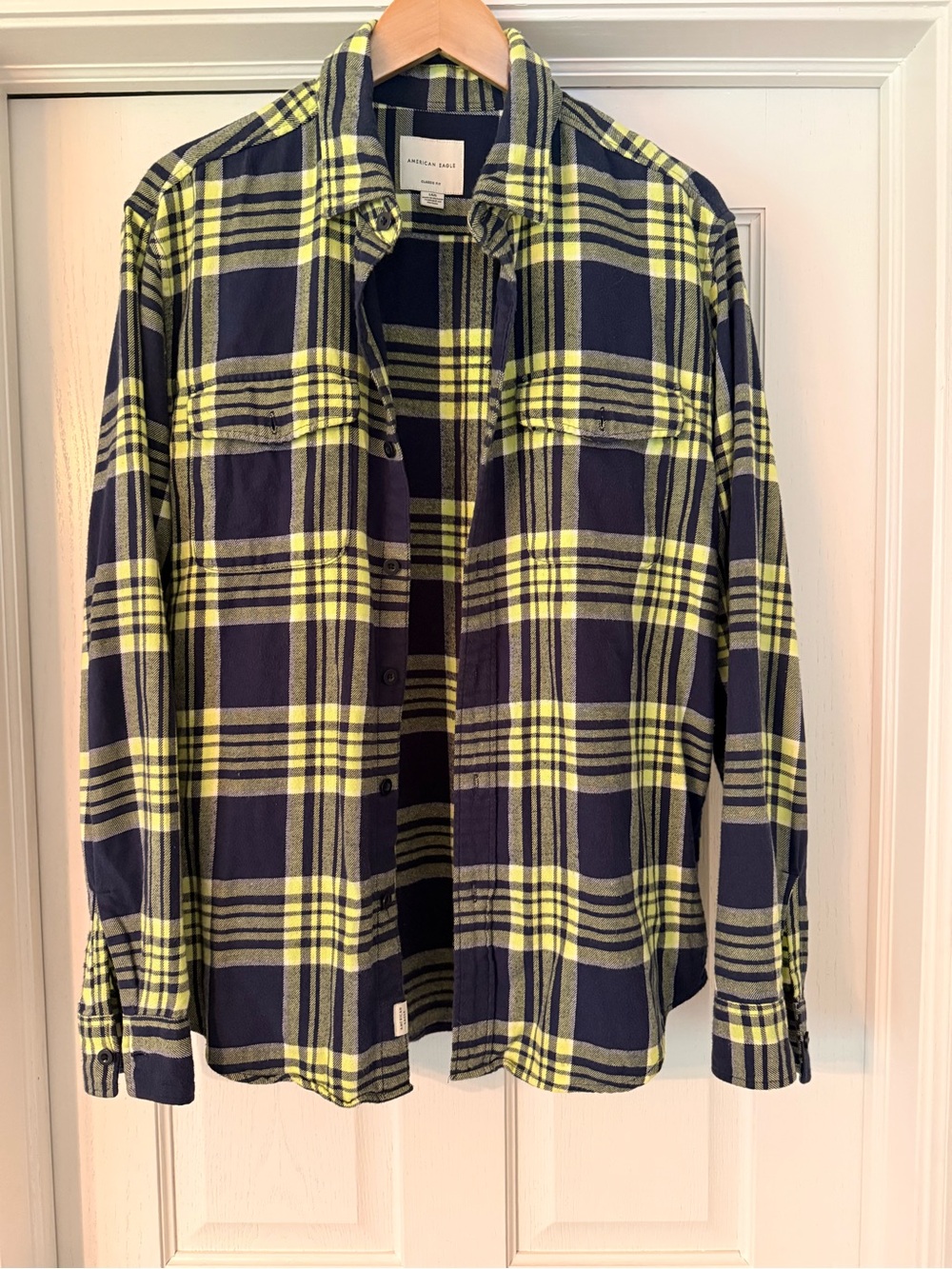 American Eagle Outfitters Navy and Green Flannel Button-Down Shirt